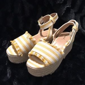 Striped yellow wedge sandals
